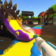 Someone cleaning a purple and yellow dinosaur slide in a children's playpark.